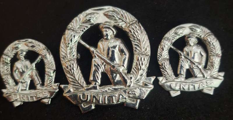 SADF -- CROME COMMANDO (UNITAS) CAP AND COLLAR BADGES SET - LUGS / PINS INTACT