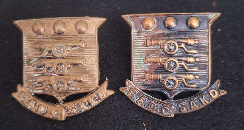 WW2 - SA ORDNANCE CORPS COLLAR BADGES - LUGS ON 1 BADGE IS REPAIRED
