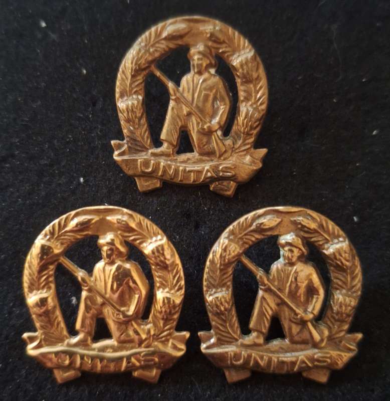LOT OF 3 X GILDING SADF COMMANDO UNIT COLLAR BADGES - ALL SCREWS LUGS AND PINS INTACT