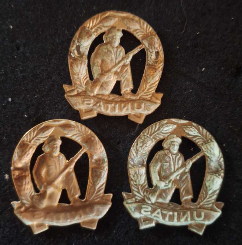 LOT OF 3 X GILDING SADF COMMANDO UNIT COLLAR BADGES - ALL SCREWS LUGS AND PINS INTACT