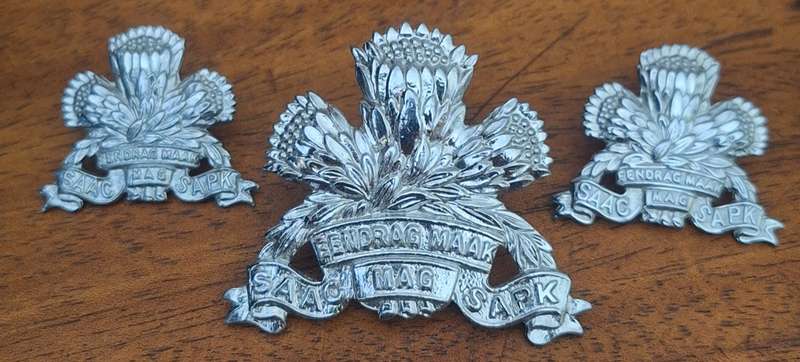 SADF - SAAC / SAPK CAP AND COLLAR BADGES SET - LUGS / PINS INTACT