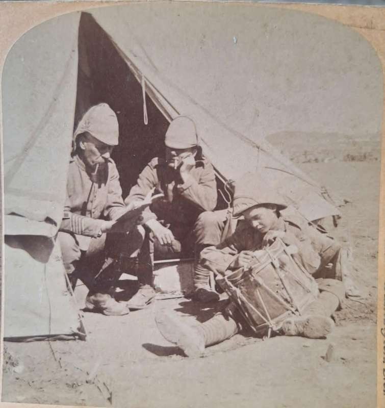 BOER WAR ERA - UNDERWOOD & UNDERWOOD STEREOSCOPE CARD (DRUMMER BOY'S LETTER)