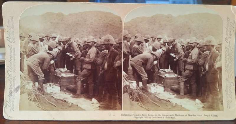 BOER WAR ERA - UNDERWOOD & UNDERWOOD STEREOSCOPE CARD (CHRISTMAS PRESENTS FROM HOME)