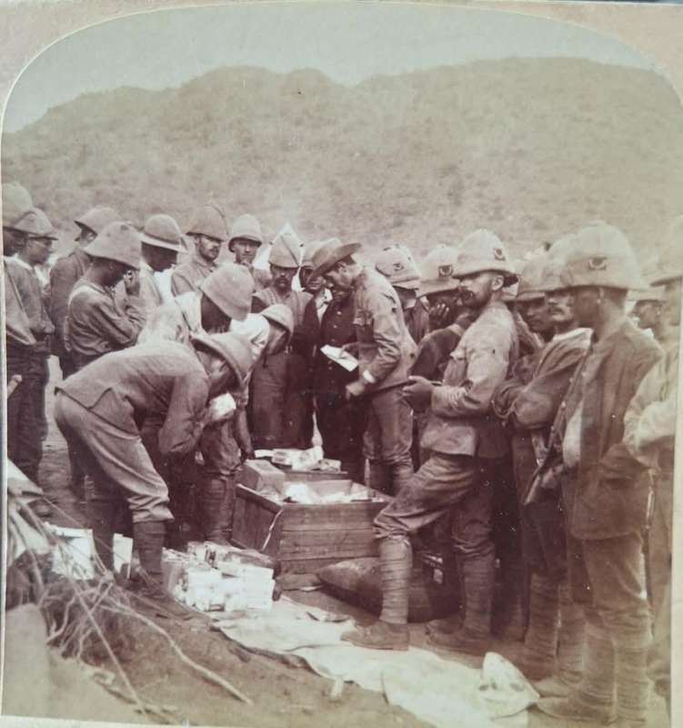 BOER WAR ERA - UNDERWOOD & UNDERWOOD STEREOSCOPE CARD (CHRISTMAS PRESENTS FROM HOME)