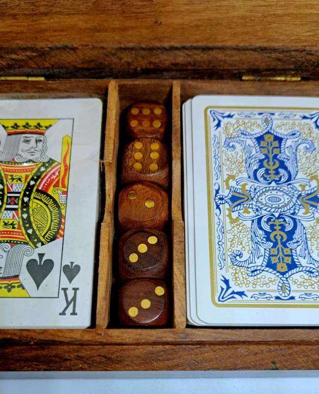 One of a kind Vintage Wooden Card Game Box with Gorgeous Brass Inserts!