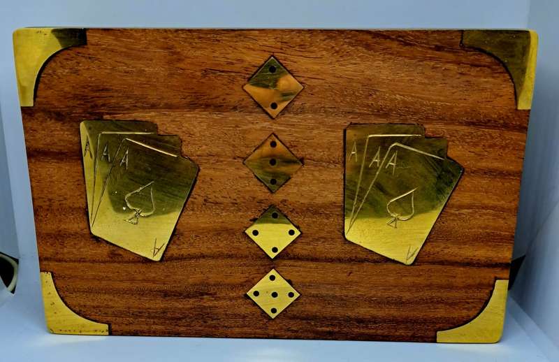 One of a kind Vintage Wooden Card Game Box with Gorgeous Brass Inserts!