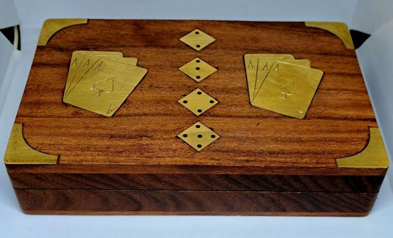 One of a kind Vintage Wooden Card Game Box with Gorgeous Brass Inserts!