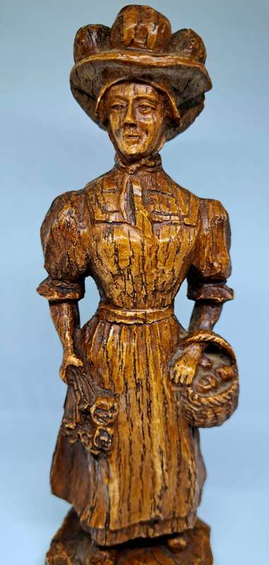 Exquisite Vintage Solid Wood Carving of Victorian Lady with Flowers and Fruit Basket - 18cm