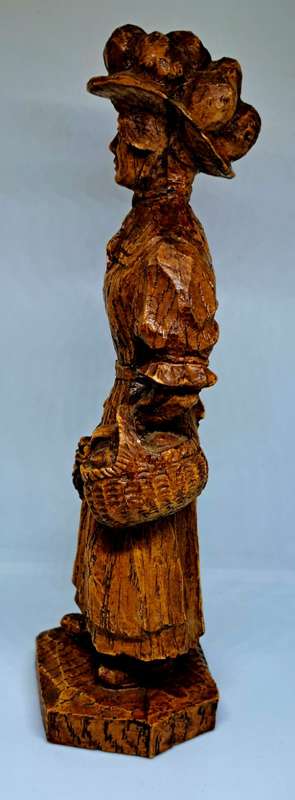 Exquisite Vintage Solid Wood Carving of Victorian Lady with Flowers and Fruit Basket - 18cm