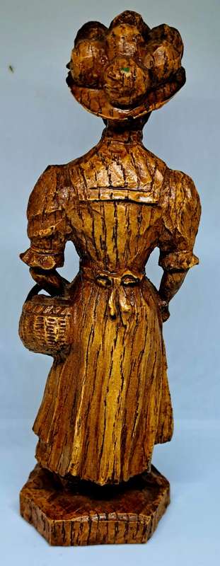 Exquisite Vintage Solid Wood Carving of Victorian Lady with Flowers and Fruit Basket - 18cm