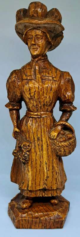 Exquisite Vintage Solid Wood Carving of Victorian Lady with Flowers and Fruit Basket - 18cm