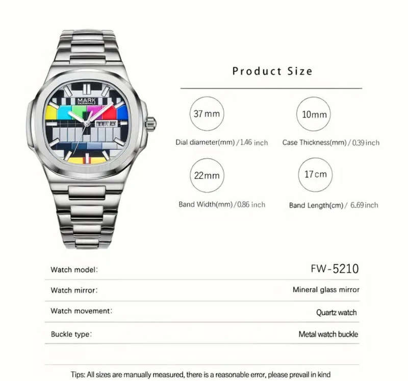 Brand New Mark FairWhale FW-5210 - Retro 80s TV No Signal Test Pattern - Analog Watch!