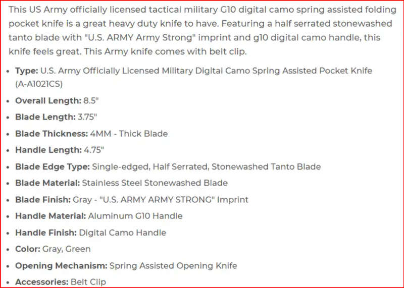 8.5" U.S. ARMY OFFICIAL MILITARY DIGITAL CAMO POCKET KNIFE (A-A1021CS)