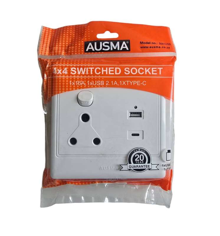 Ausma Single Wall Plug with USB 2.0 and USB C Ports 4x4