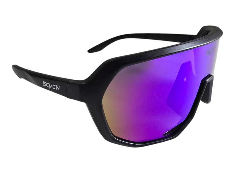 Sport sunglasses with classic black frame and blue/purple lens for cycling and cricket.