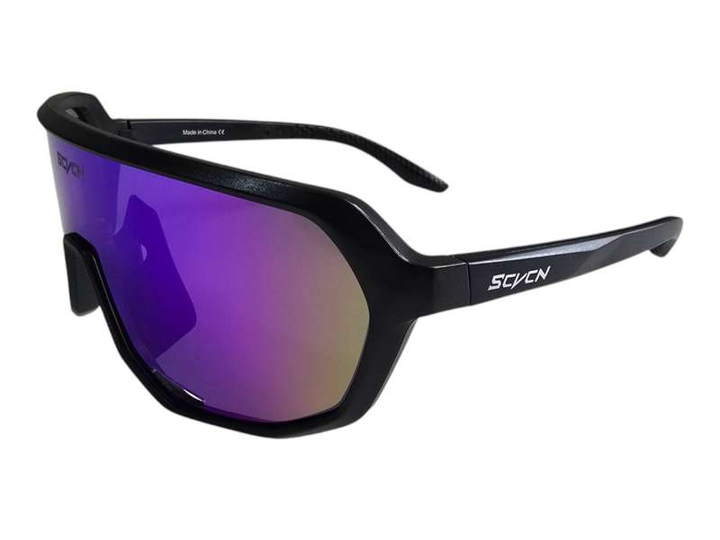 Sport sunglasses with classic black frame and blue/purple lens for cycling and cricket.