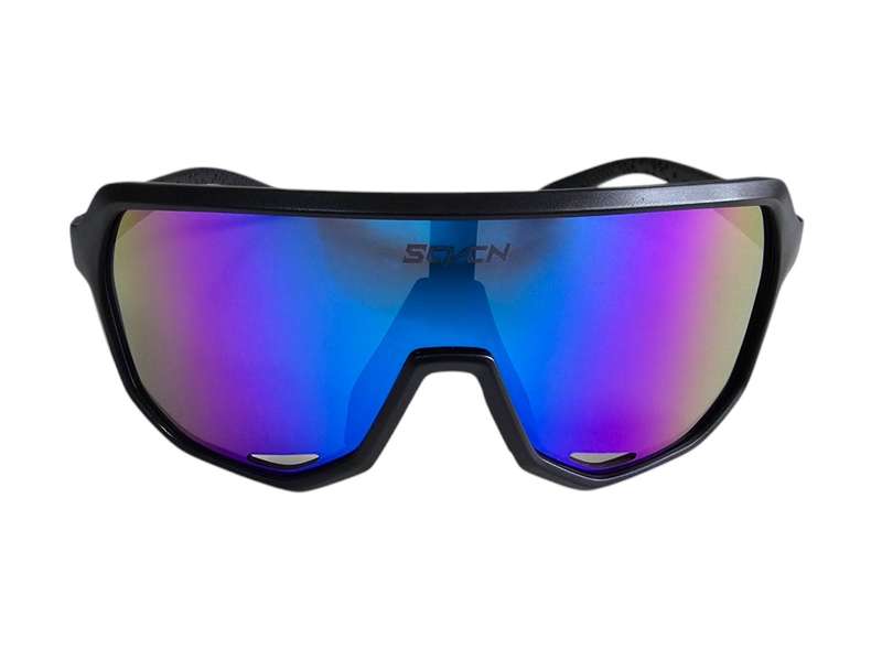 Sport sunglasses with classic black frame and blue/purple lens for cycling and cricket.