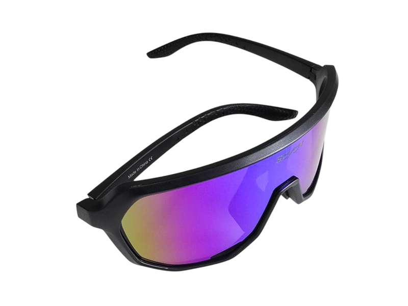 Sport sunglasses with classic black frame and blue/purple lens for cycling and cricket.