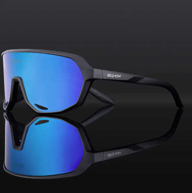 Sport sunglasses with classic black frame and blue/purple lens for cycling and cricket.