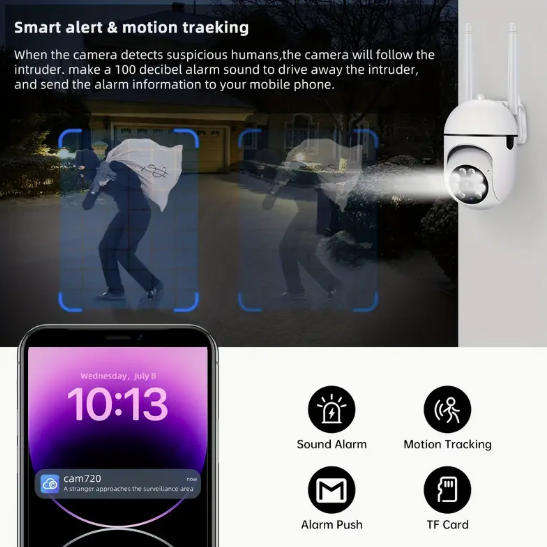 HD Smart PTZ Security Camera with Wireless WiFi, Night Vision, Motion Detection - App Control