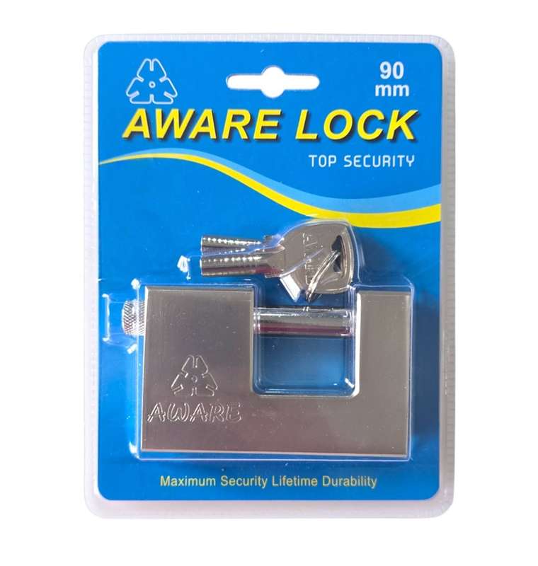 AWARE - Insurance Padlock - Brass Mechanism Hardend Steel Body - 90mm