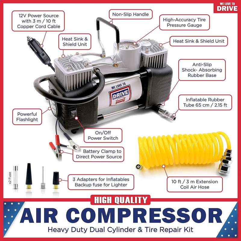 Heavy duty 12V Air Compressor with Tyre repair tool kit