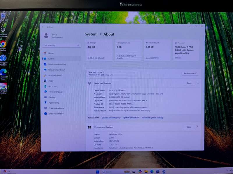 HP EliteDesk 705 G5 Desktop Mini AMD Ryzen 5 Pro 3400 420GB SSD 8GB RAM WIN 11 PRO