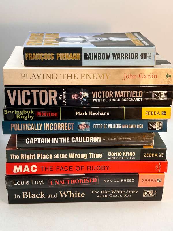 Ten SA Rugby Books - Rainbow Warrior, Politically Incorrect, Corne Krige, Captain Cauldron