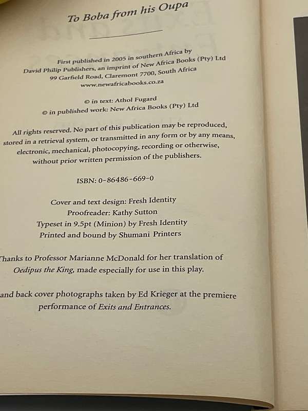 Exits And Entrances by Athol Fugard | Published by David Philip, 2005 - Scarce