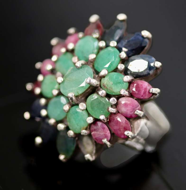 LARGE SOLID STERLING SILVER RING WITH NATURAL ORGANIC EMERALD, RUBY AND SAPPHIRE GEMSTONES