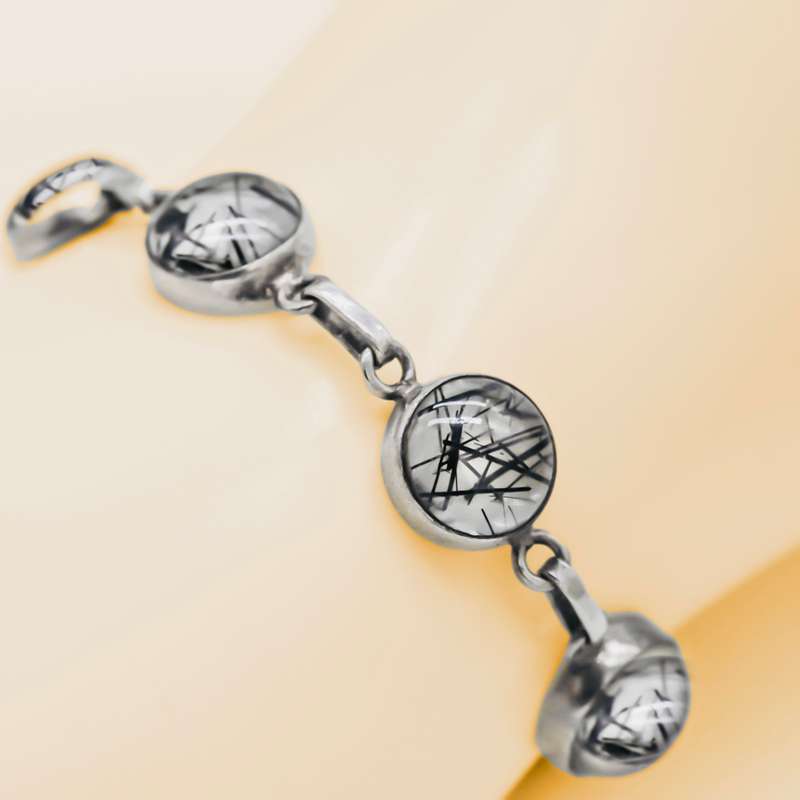 NATURAL RUTILILATED QUARTZ GEMSTONE SOLID STERLING SILVER CHAIN BRACELET  925