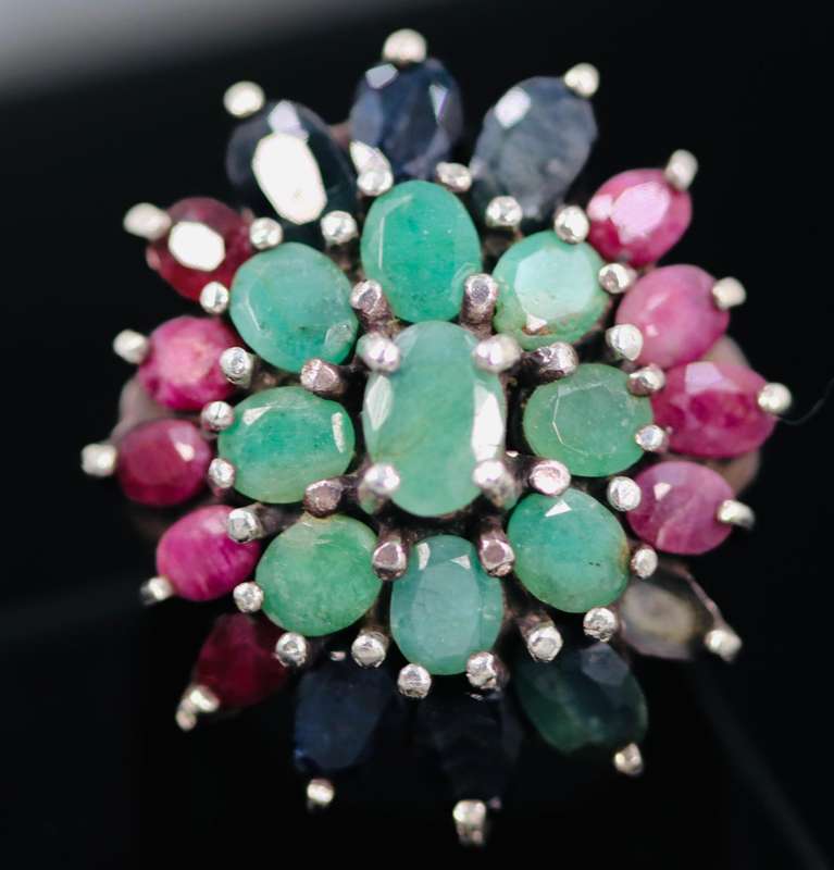 LARGE SOLID STERLING SILVER RING WITH NATURAL ORGANIC EMERALD, RUBY AND SAPPHIRE GEMSTONES