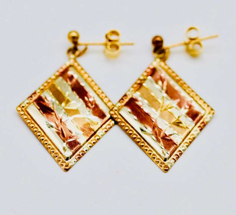 TRI-COLOUR GOLD-GILD STERLING SILVER DROP & DANGLE EARRINGS FROM ENGLAND