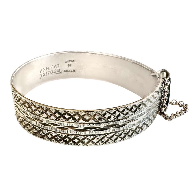 VINTAGE STERLING SILVER BANGLE WITH SAFETY CHAIN "ZEETA" BRAND, SOUTH AFRICA