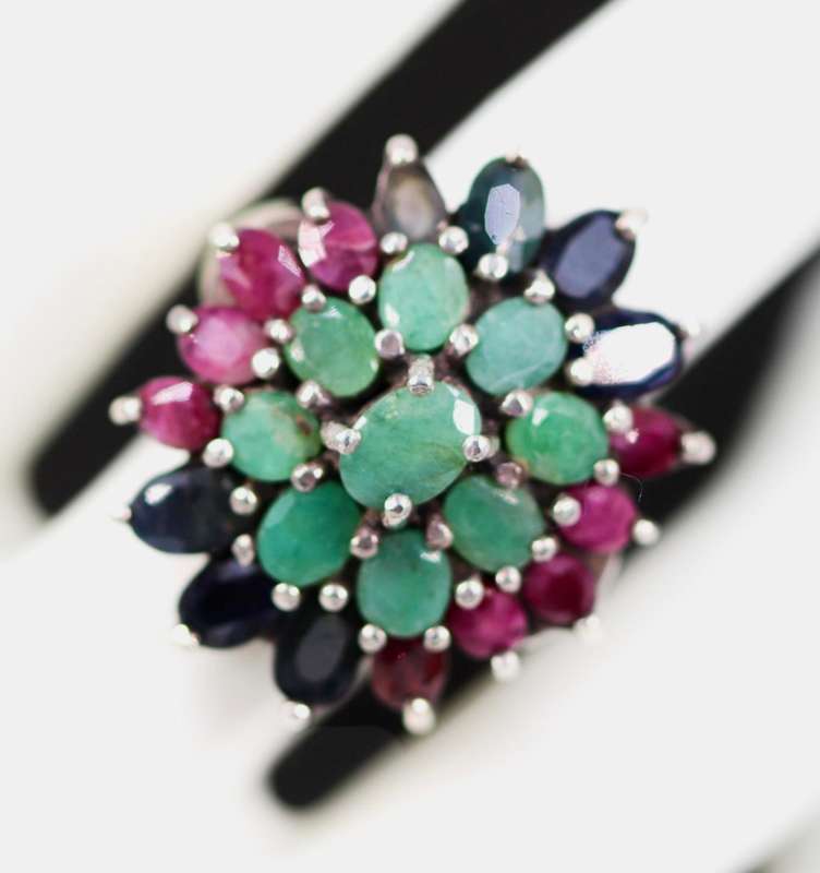 LARGE SOLID STERLING SILVER RING WITH NATURAL ORGANIC EMERALD, RUBY AND SAPPHIRE GEMSTONES