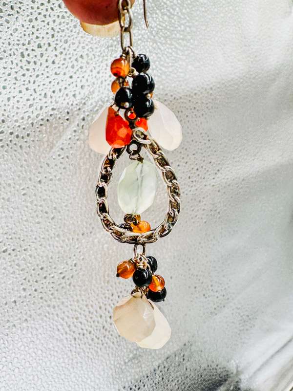 HANDCRAFTED NATURAL EARTH-MINED CARNELIAN, MOONSTONE,ONYX STERLING SILVER EARRINGS