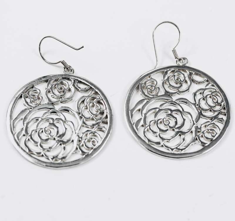 SHOWY ROSE DETAIL OPENWORK STERLING SILVER DROP & DANGLE EARRINGS. 925