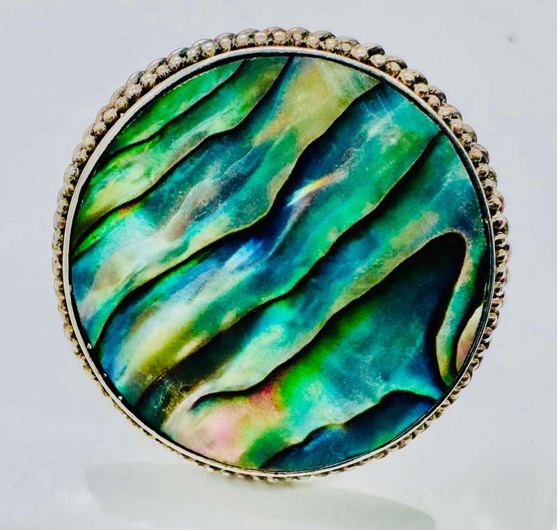 LARGE SOLID STERLING SILVER RING NATURAL ABALONE SHELL IN GLORIOUS PEACOCK COLOURS