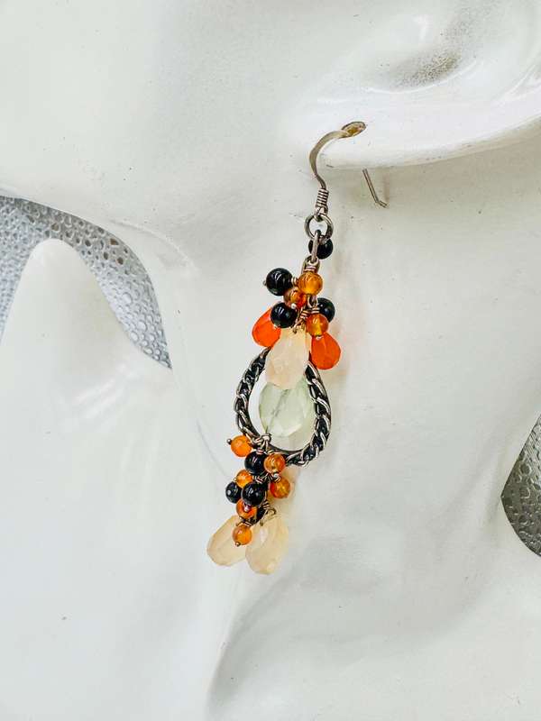 HANDCRAFTED NATURAL EARTH-MINED CARNELIAN, MOONSTONE,ONYX STERLING SILVER EARRINGS