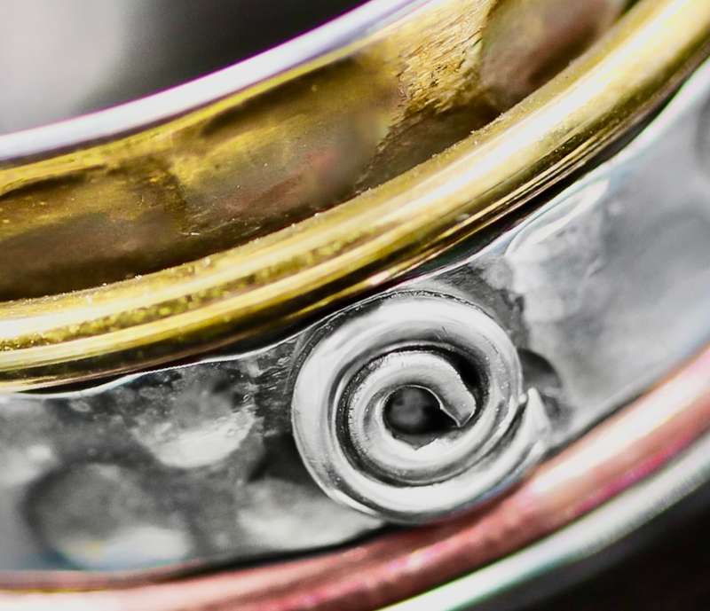 HANDCRAFTED UNISEX STERLING SILVER RING HAMMERED FINISH, SPINNING WHEEL & COPPER DETAILS