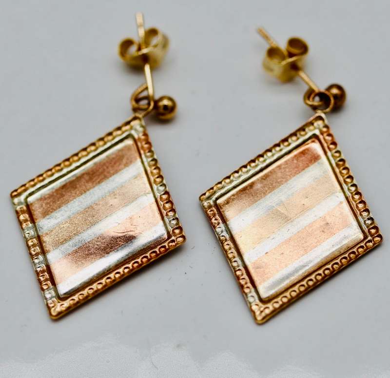 TRI-COLOUR GOLD-GILD STERLING SILVER DROP & DANGLE EARRINGS FROM ENGLAND