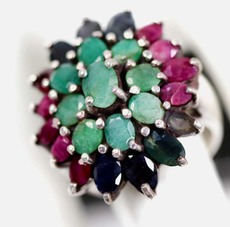 LARGE SOLID STERLING SILVER RING WITH NATURAL ORGANIC EMERALD, RUBY AND SAPPHIRE GEMSTONES