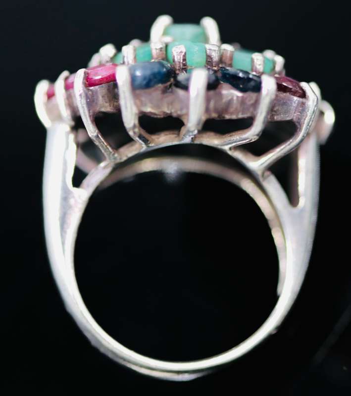 LARGE SOLID STERLING SILVER RING WITH NATURAL ORGANIC EMERALD, RUBY AND SAPPHIRE GEMSTONES