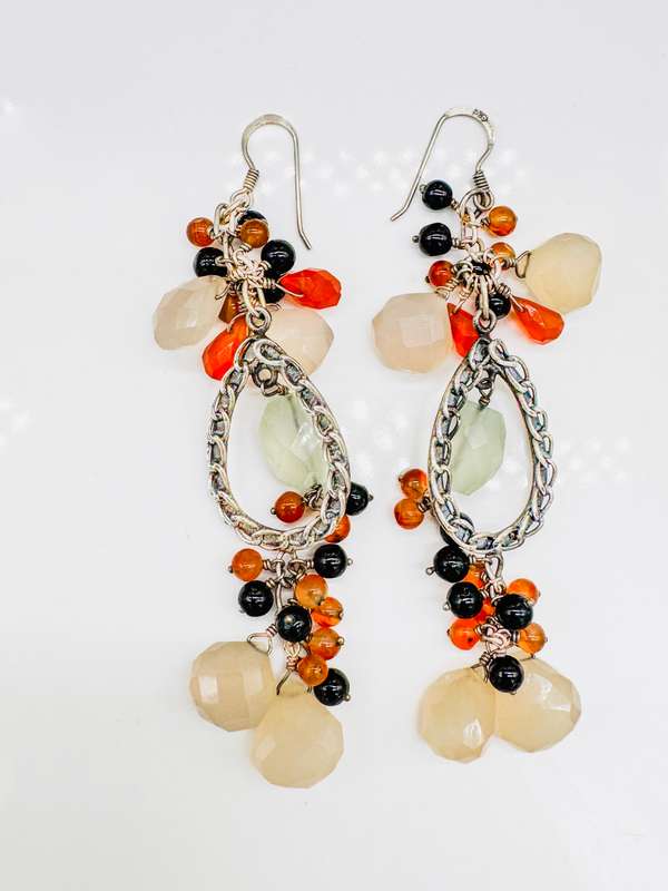 HANDCRAFTED NATURAL EARTH-MINED CARNELIAN, MOONSTONE,ONYX STERLING SILVER EARRINGS