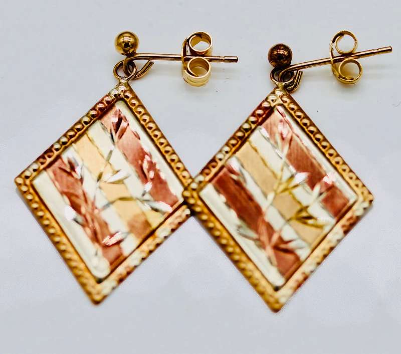 TRI-COLOUR GOLD-GILD STERLING SILVER DROP & DANGLE EARRINGS FROM ENGLAND