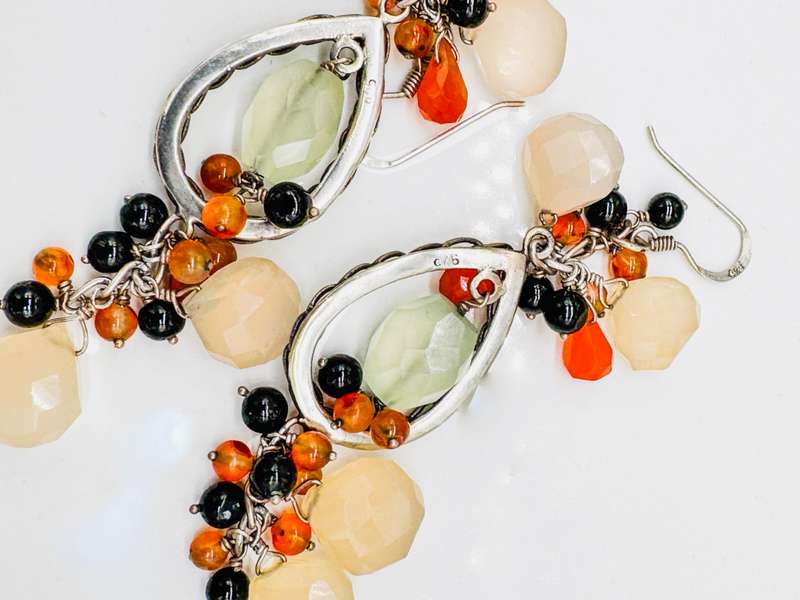 HANDCRAFTED NATURAL EARTH-MINED CARNELIAN, MOONSTONE,ONYX STERLING SILVER EARRINGS