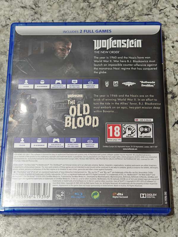 Wolfenstein The New Order & The Old Blood PS4 Great Condition! (2 Games)
