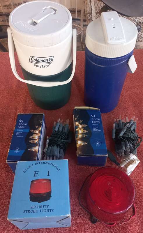Lot of Coleman & Thermos cooler/warmer, chain lights & strobe light - see photos