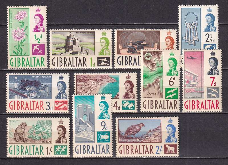Gibraltar 1960-62 QE part set, M/H                  (SG 160-170, CV £31)