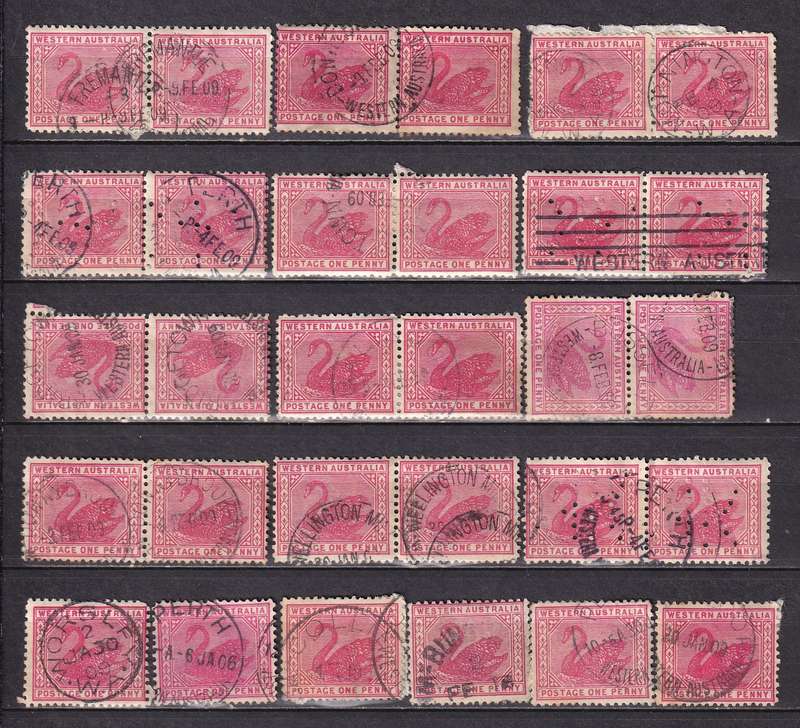 Western Australia 1902-12 1d carmine postmark lot, used         (2 x SCANS)